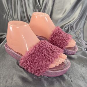 Steve Madden JEHEARY Fur Slides Girls 4M Sandals‎ Pink Glitter Sparkles Hearts